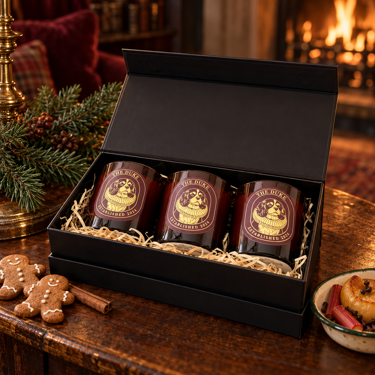 The Duke Christmas Giftbox met drie wintergeuren bij een warme Engelse haard