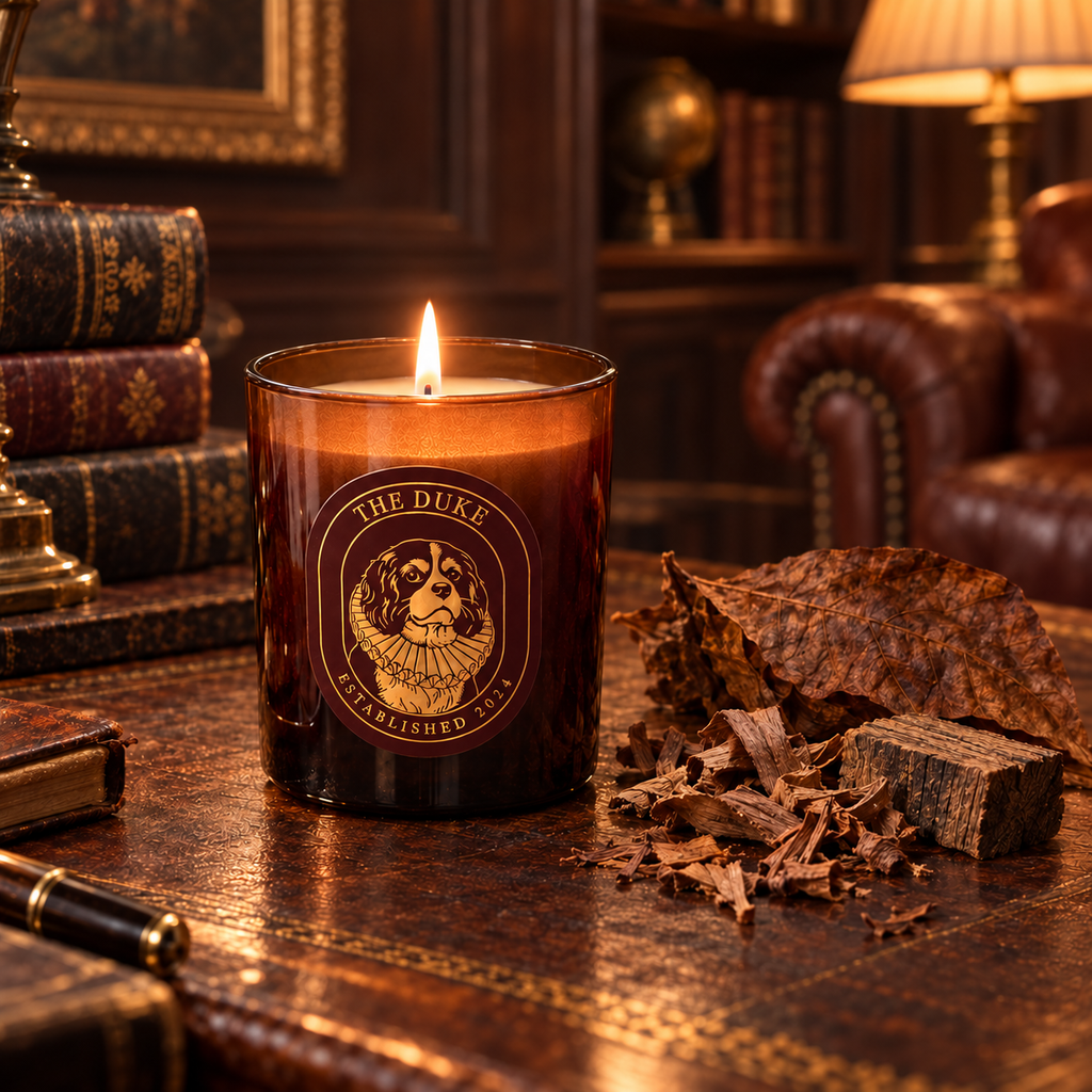 The Duke Tobacco and Timber handgegoten geurkaars met tabaksblad en eikenhout