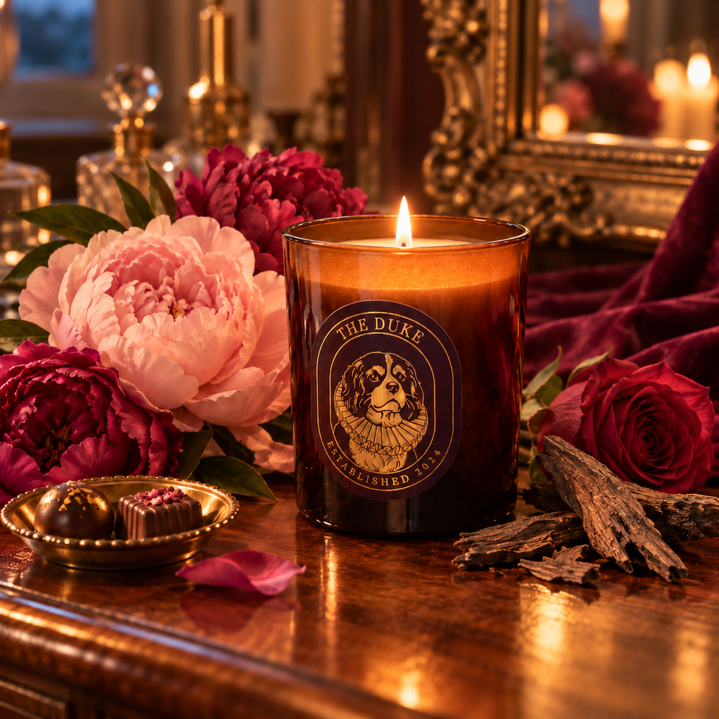 The Duke Velvet Romance handgegoten geurkaars met pioenroos, roos, oudhout en praline