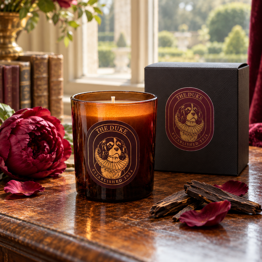The Duke Velvet Romance geurkaars met zwarte geschenkverpakking, pioenroos en oudhout